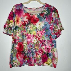 Soft Surroundings Vibrant Floral Blouse Red, Pink, Blue Boho Size Medium Spring